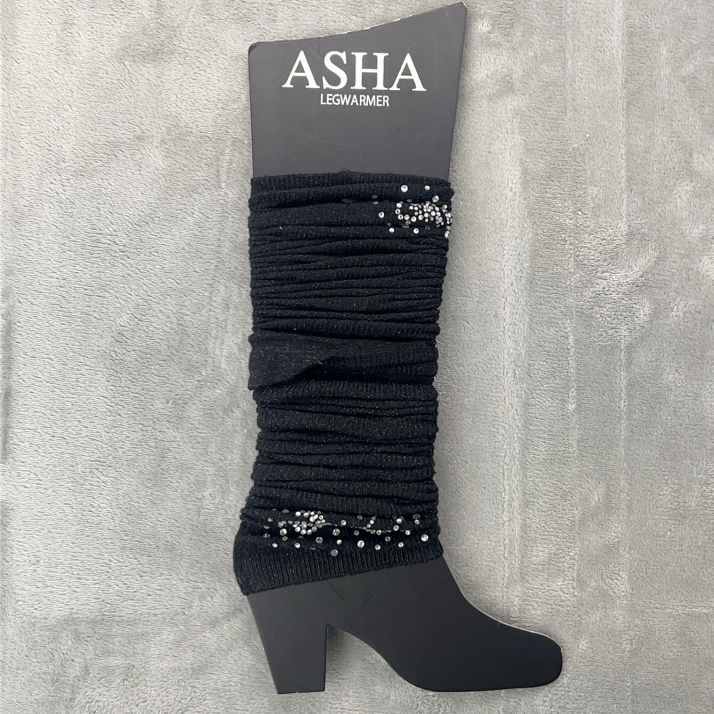 Asha Black Knit Legwarmers‎ Rhinestone Embellished Shimmer Metallic One Size NEW